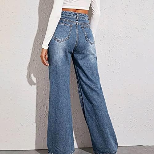 זורם קרע ג'ינס ישר לנשים מזדמן רופף רופף אמצע מותן משיכה על ג'ינס 2023 מכנסי רגל רחבים טרנדיים