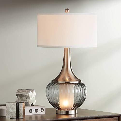 360 תאורת קורטני שיק שולחן מנורת עם מנורת לילה 28.5 גבוה מחורצים מעושן מצולעים זכוכית מוברש ניקל לבן