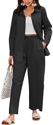 Zeagoo נשים תלבושת פשתן סט 2 תלבושות חופשה לחופשה חולצת חוף מכנסי מגרש שחור S