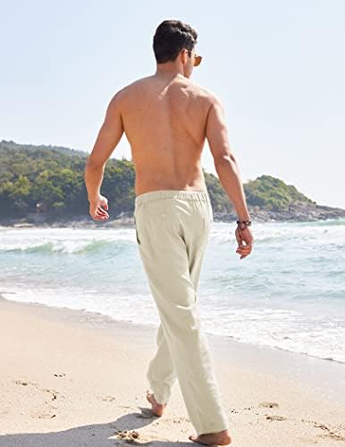 מכנסי פשתן מזדמנים של קואופנדי גברים מותניים אלסטיים שרוך חוף מכנסי יוגה קלים מכנסי רגל ישרים עם כיסים