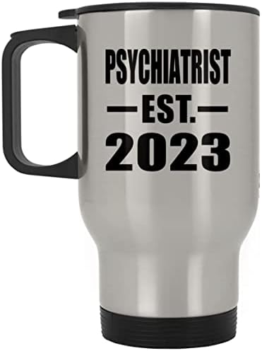 תכנון פסיכיאטר הוקם EST. 2023, ספל נסיעות כסף 14oz כוס מבודד מפלדת אל חלד, מתנות ליום הולדת יום