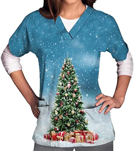 צמרות קרצוף חג המולד נשים חולצת קרצוף לעטוף מדומה מככבים עץ עץ עץ עץ עץ צמרות שרוול קצר V לבגדי צוואר