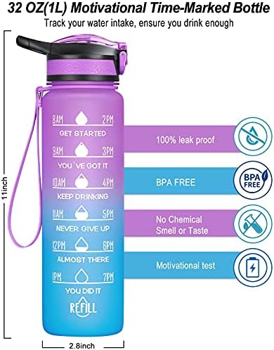Meitagie 1L/750 מל בקבוק מים מוטיבציוני עם סמן זמן, בקבוק שתייה בחינם עם דליפות BPA עם מסננת פירות או קש, מושלם