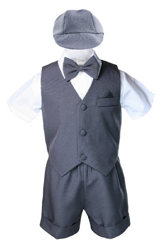 תינוק אפור כהה תינוק פעוט אטון 5pc מכנסי אפוד רשמיים סט חליפות כובע S-4T