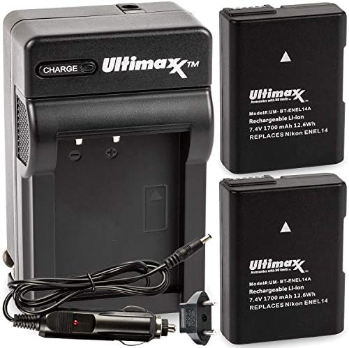 מטען נסיעות מהיר של Ultimaxx עם סוללת חיים מורחבת של 2x EN-EL14A עבור Nikon D3500, D3100, D3200,