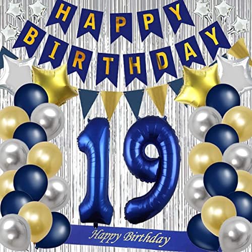 קישוטים ליום הולדת 19 Coraliayu - נייבי כחול כחול יום הולדת שמח באנר ואבנט, מספר 19 בלוני נייר כסף, בלוני לטקס