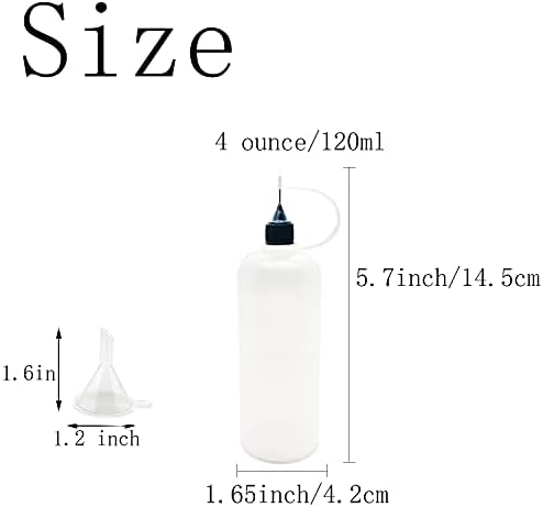 Myyzmy 5 PCS בקבוק קצה מחט, 120 מל /4 אונקיה מדויק בקבוקי מוליך, עם 2 PCS מיני משפך, מכסה שחור