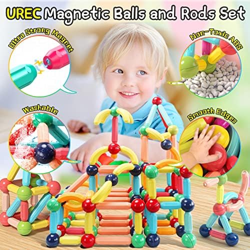מקלות בניין מגנטיים של UREC בלוקים לצעצועים פעוטות, 64 חתיכות מתנה צעצועי פאזל לבניית מגנט תלת מימדית לילדים,
