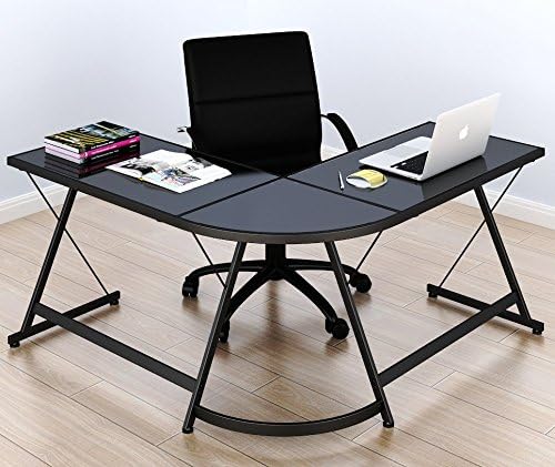 שולחן משחקי שולחן מחשב בצורת פינת סטודיו שולחן, שחור, זכוכית למעלה