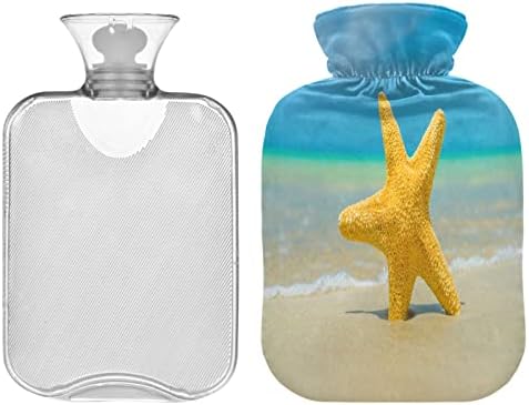 ZZXXB כוכבי ים על בקבוק מים קרים חמים עם כיסוי פליס 2 ליטר PVC שקית מים חמים לצוואר, כאבי כתפיים,
