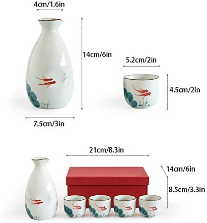 סט סאקה של LHH, כוסות קרמיקה סאקה 5 חלקים כולל 1 יחסי סאקה סיר 4 יחידות סאקה עם חבילת קופסאות מתנה לקור/חם/שוחו/תה