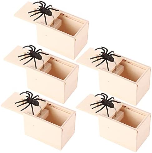 Mersuii 5 pcs קופסת עכביש מעץ מעץ מעץ, עכביש עכביש הפתעה בקופסה, משחק מצחיק בדיחה משרד בית פחדת צעצועים