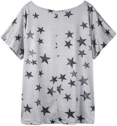 קיץ לנשים שרוול קצר חולצת טריקו צוואר צוואר מחוץ לחולצת כתף הדפס כוכב הדפס 4 ביולי חולצות טי עם כיס
