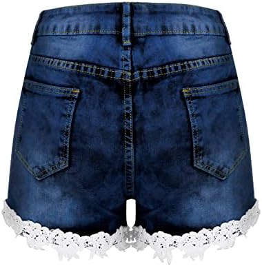 מכנסי ג'ינס קרועים בקיץ לנשים מכנסי שולי תחרה מתיחים מכנסיים רזים במצוקה מכנסיים הרוסים כיסים, ae