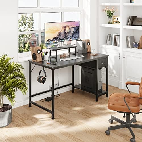 שולחן מחשב עם מגירה ומעמד צג, 47 אינץ ' שולחנות כתיבה למשרד ביתי, שולחן עץ בסגנון פשוט תעשייתי