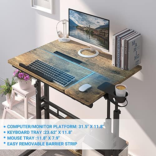 פנטה נייד עומד שולחן, מתכוונן מתגלגל שולחן עם 3 שולחנות עבודה, שולחן נייד עבור מחשב נייד עם שולחן מחזיק כוס,