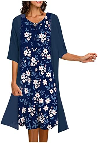 שמלות לנשים 2023 בבאגי שיפון צוות צוואר פרחוני הדפסת מידי שמלות קיץ 2 חתיכה קוקטייל קרדיגן שמלות סט