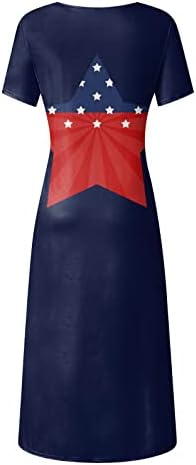 4 ביולי שמלות לנשים קיץ מקרית בוהמי מקסי שמלת ארהב דגל קצר שרוול סקופ צוואר עניבה לצבוע ארוך שמלה קיצית