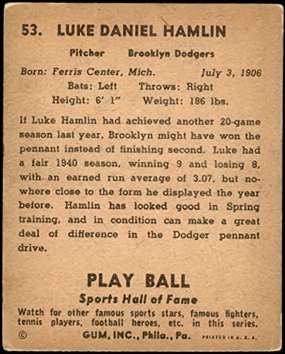 1941 משחק כדור 53 לוק המלין ברוקלין דודג'רס VG Dodgers