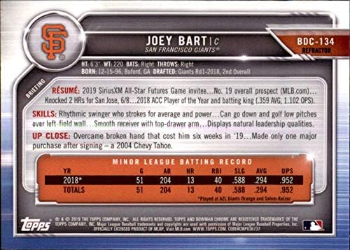 2019 Bowman Chrome Refractor BDC-134 Joey Bart RC טירון סן פרנסיסקו ענקים MLB כרטיס מסחר בייסבול