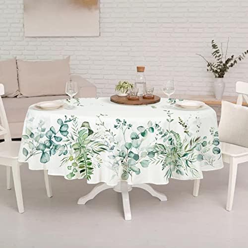 מפת שולחן סגלגלה ירוקה מרווה פרחונית בגודל 60 על 84 אינץ', מפת שולחן מודפסת עלים, מפת שולחן עמיד למים
