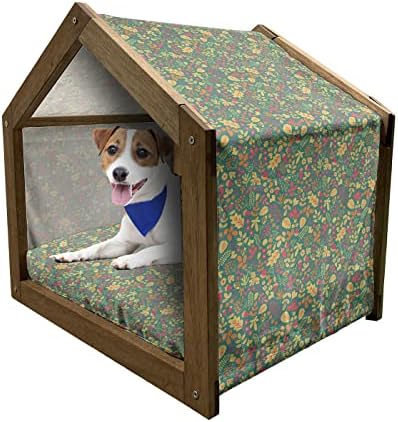 בית כלבים מעץ אמבסון בלוט, אמנות גרפית מופשטת עם חתיכות מבולבלות וחפופות של צמחיית טבע סתיו, מלונה ניידת לכלבים