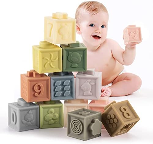 12 יחידות מיני רך לערום בלוקים צעצועים, חינוכיים לסחוט שיניים תינוק צעצועי עם מספרי חיות צורות
