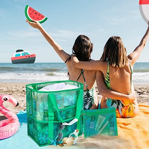 תיק חוף רשת נידול, תיק חוף עם כיס רוכסן, תיקי חוף גדולים הניתנים לאריזה לנשים ילדים בריכת נסיעות לחופשה לשחות