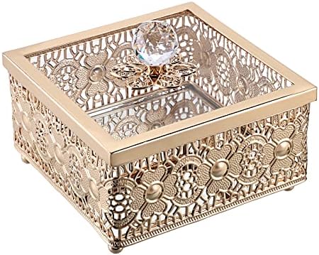 קופסת תכשיטים מזהב וינטג 'עם מכסה זכוכית שיקוף תיבת תכשיטים מרובעת מרובעת חלול אאוט קופסה דקורטיבית