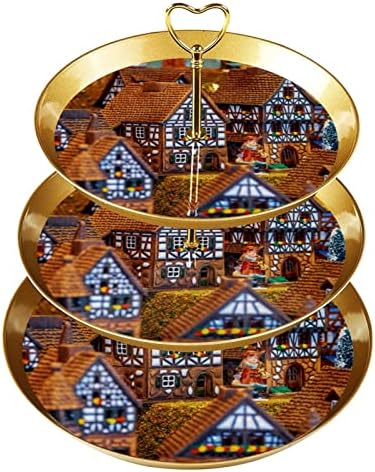 מחזיק קאפקייקס של בית ג'ינג'ר לחג המולד למאפה, 3 עוגת זהב מפלסטיק שכבתית לשולחן קינוח, מדד מגדל עץ עץ