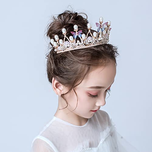 נסיכת כתר מצנפות עבור בנות, קריסטל נסיכת נזר לילדות קטנות , זהב נזר סרט עם פנינה ופרפר, ילדים שיער