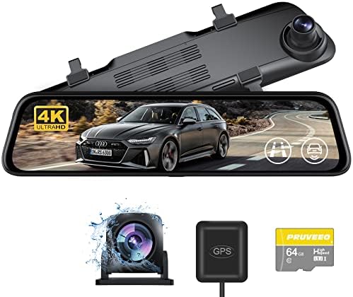 Pruveeo 4K UHD מראה מקף מצלמת, 12 '' מצלמת מראה אחורית, מצלמות מקף כפול קדמי ואחורי, עוזר נהיגה