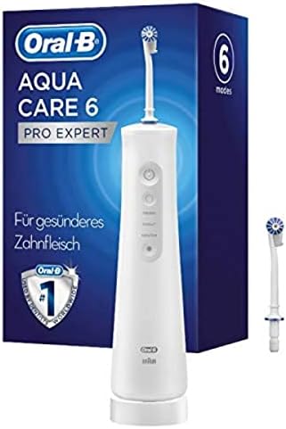 Oral-B Aquacare 6 Pro-Expert השקיה דרך הפה, 2 חרירים חלופיים, מנקה בינלאומי עם 6 מצבי צחצוח לטיפול שיניים עדין