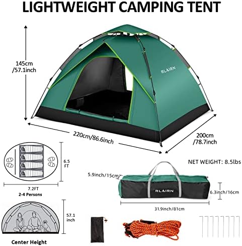Rlairn קופץ אוהלים לקמפינג 4 אנשים אטומים למים, אוהל משפחתי מיידי עם חבלים אטומים לרוח, אוהל קל משקל קל של האפלה