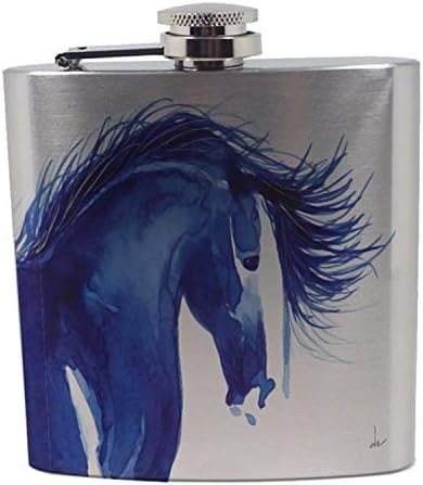 מקרי שמש מוסטנג עם זורם רעמה בכחול מופשט סוס אמנות על ידי דניס כל נירוסטה משקאות כיס בקבוקון