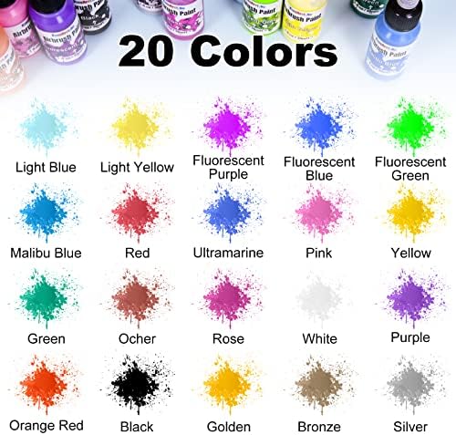 צבע מברשת אוויר, ערכת צבע מברשת אוויר אקרילית 20 צבעים, על בסיס מים, צבעי אטום וניאון, צבעי פנינה, למתחילים,