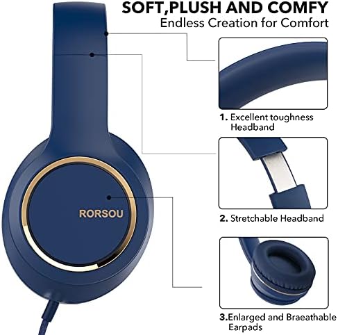 אוזניות Rorsou R8 על האוזן עם מיקרופון, אוזניות בס סטריאו קיפול קל משקל עם כבל 1.5 מ 'ללא מכוונת, אוזניות