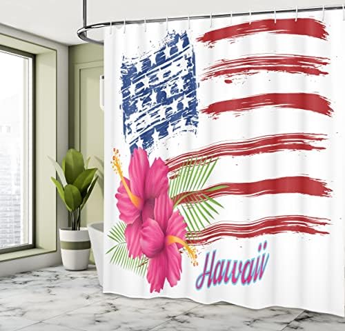 וילון מקלחת הוואי של אמבסון, כוכבי נושא דגל אמריקאי ופסים היביסקוס עוזב את הוואי ארהב אמנות פטריוטית, סט