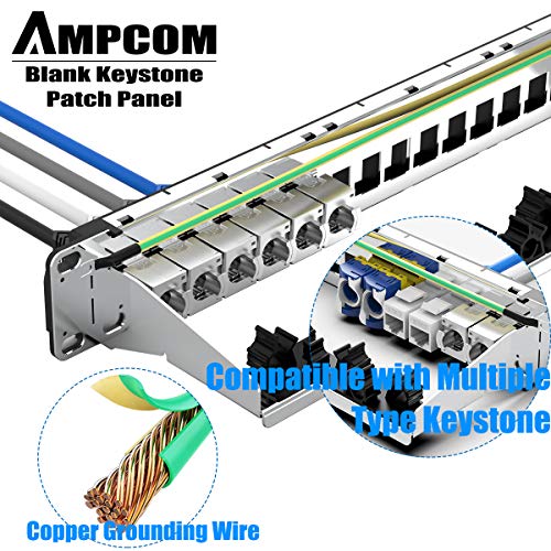 AMPCOM 24 יציאות 1U לוח תיקון מפתח ריק, מתלה 19 אינץ 'או קיר עם לוח ניהול כבלים אחורי עבור Ethernet Cat5e/Cat6/Cat7,