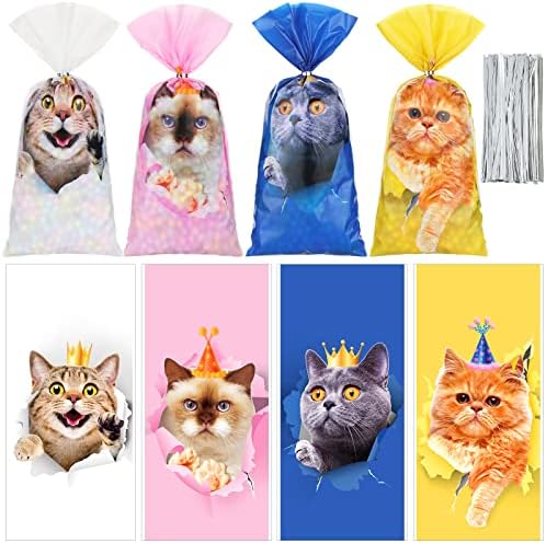 100 יחידות חתול צלופן שקיות מתנה לטפל גודי סוכריות המפלגה לטובת תיק עם 150 קשרי קיטי נושאים יום הולדת קישוטי