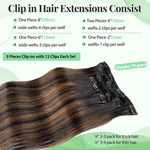 קליפ בתוספות שיער אמיתי שיער טבעי, 14 אינץ 70 גרם 5 יחידות איזון טבעי שחור לחום קליפ בתוספות שיער ארוך ישר