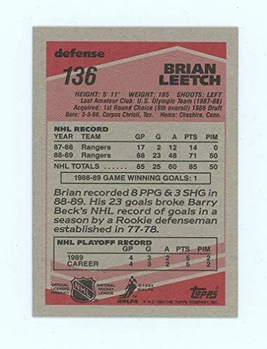 1989-90 Topps 136 Brian Leetch RC טירון NY Rangers NHL הוקי
