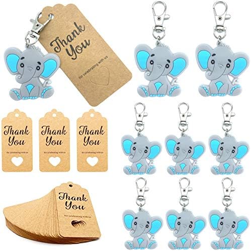 20 חבילה מתנות להחזרת מקלחת לתינוקות לאורחים, מחזיקי מפתחות של פיל תינוק כחול + תודה תגי קראפט
