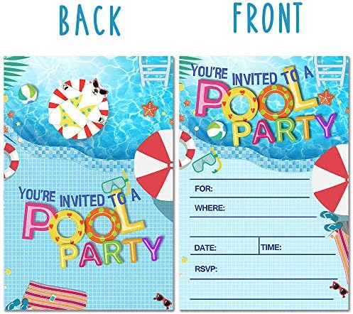 ukebobo 20 הזמנות למסיבות בריכה עם מעטפות - צדדי כפול - הזמנות ליום הולדת לבנים או לבנות - ציוד למסיבות משחקי