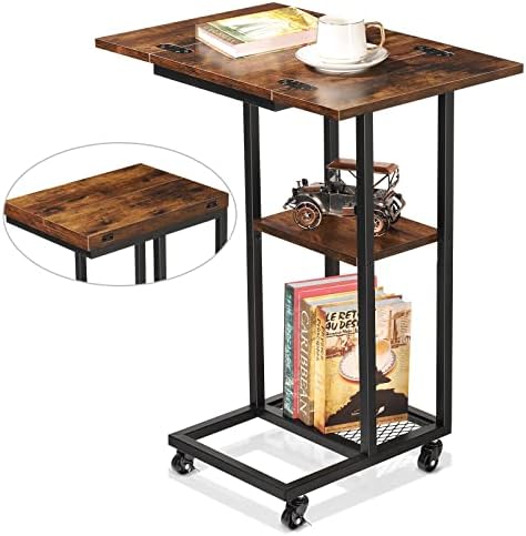 שולחן צד בצורת ג, מתקפל שולחן עבודה שולחן חטיף כפרי סוף שולחן עם גלגלים מתגלגלים מתכת מסגרת עבור