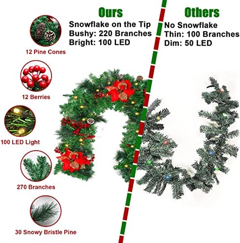 גרלנד חג המולד 9 רגל עם 100 אורות 8 מצב, זר אורן מלאכותי עם כדורים אדומים, קונוסים אורנים, ענפי ארז ועוד, לקישוטי