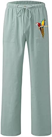 מכנסי יוגה חוף Zdoo Mens מכנסי כותנה פשתן מכנסי קיץ מזדמנים אורך מלא ציפורים ישר מכנסי משיכה להדפיס מכנסיים