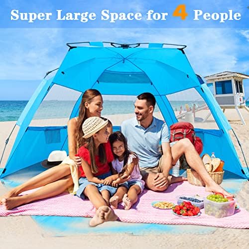 NXONE XL אוהל חוף פופ -אפ, מקלט צל לשמש של דלוקס עבור 4 אנשים, הגנה על 50+ UPF, צל חוף אטום לרוח, רצפה הניתנת