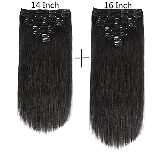 שיער טבעי קליפ בתוספות 14 אינץ ו 16 אינץ שתי חבילות ישר שיער כולל 240 גרם סילון שחור צבע כפול ערב