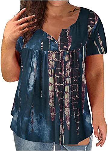 בתוספת גודל חולצות לנשים הנלי טוניקת חולצות בציר עניבה לצבוע חולצות כפתור רופף חולצה קיץ קצר שרוול צווארון